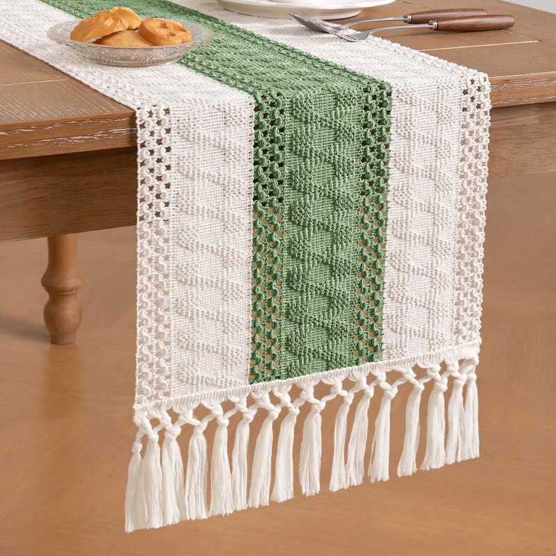 Socomi Boho Table Runner Summer Farmhouse Rustic Dining Kitchen Decor Small Macrame Woven Cotton Linen Coffee Table Runner for Dresser Scarf Home Decor 12x60 inch Sage Green Ivory