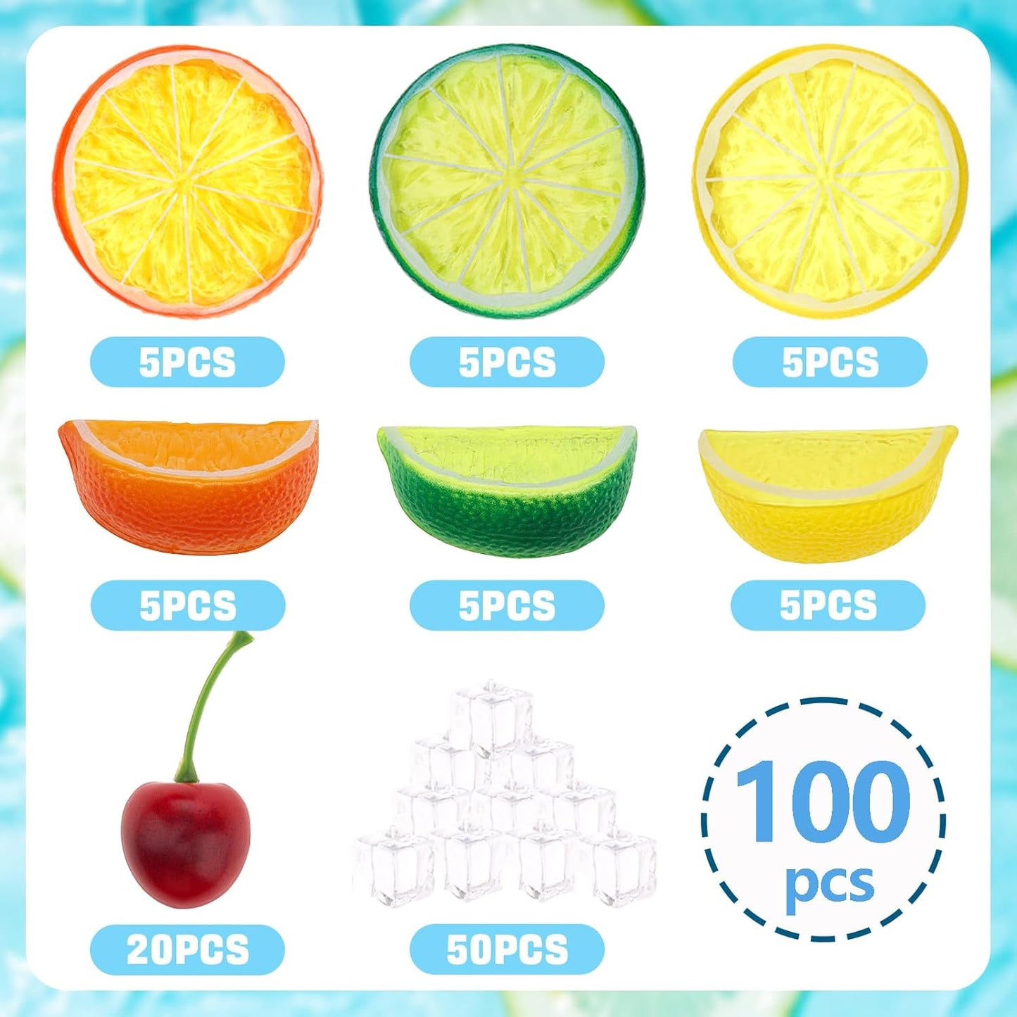 100pcs Artificial Yellow Lemon Slice & Cherry Ice Cube Decorations for Home Party