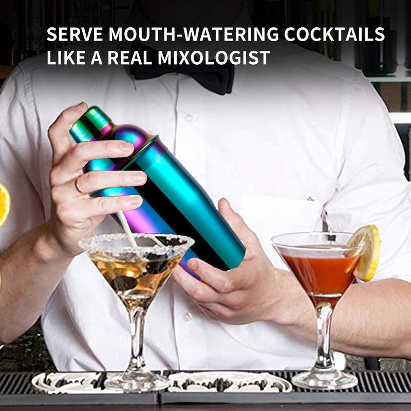 Safring 24oz Cocktail Shaker Bar Set, Martini Shaker with Built-in Strainer, Measuring Jigger, Mixing Spoon, Professional Stainless Steel Large Bartender Drink Shaker Margarita Alcohol Mixer-Rainbow