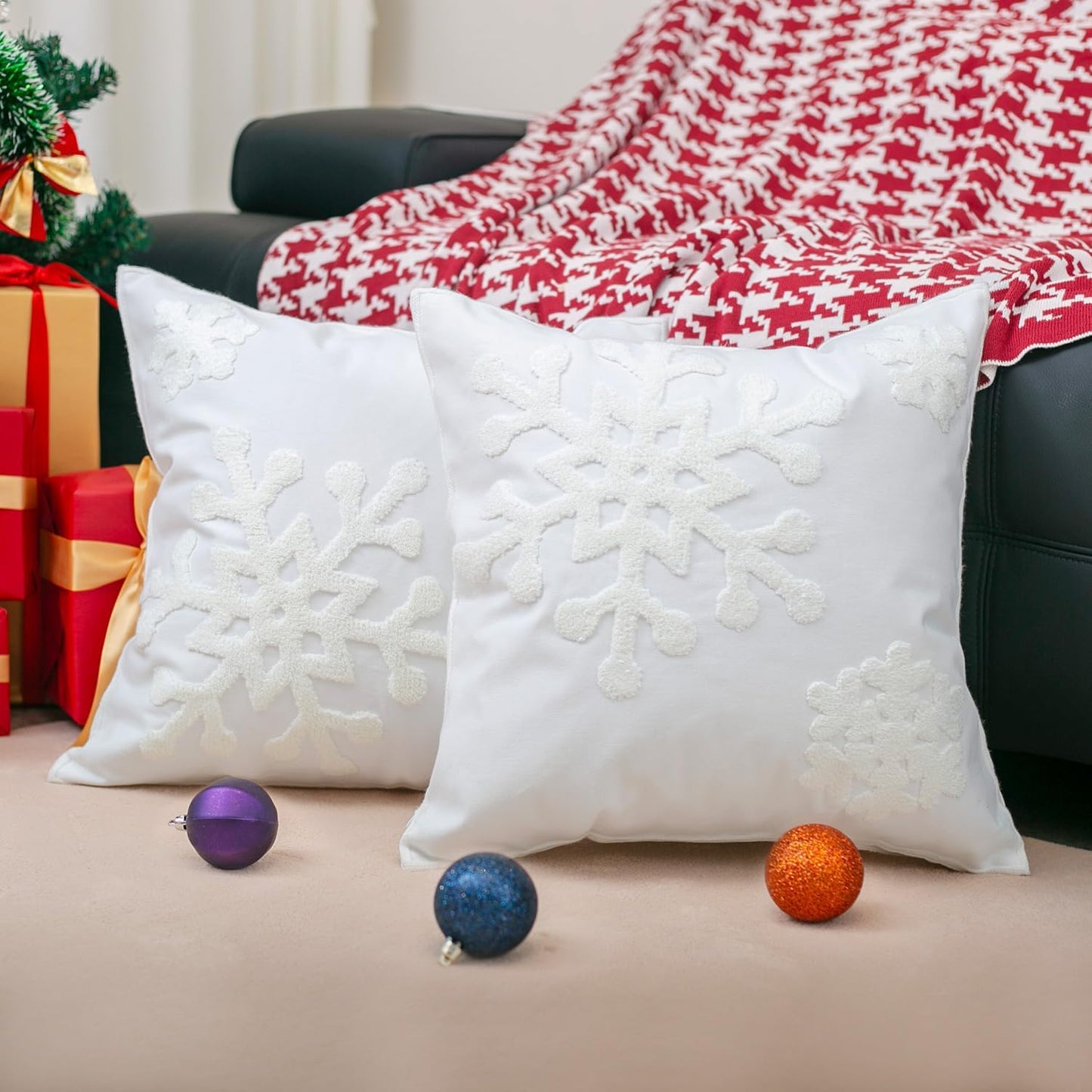 Christmas Snowflake Embroidered Throw Pillow Covers - 18x18 Cotton Linen, Set of 2