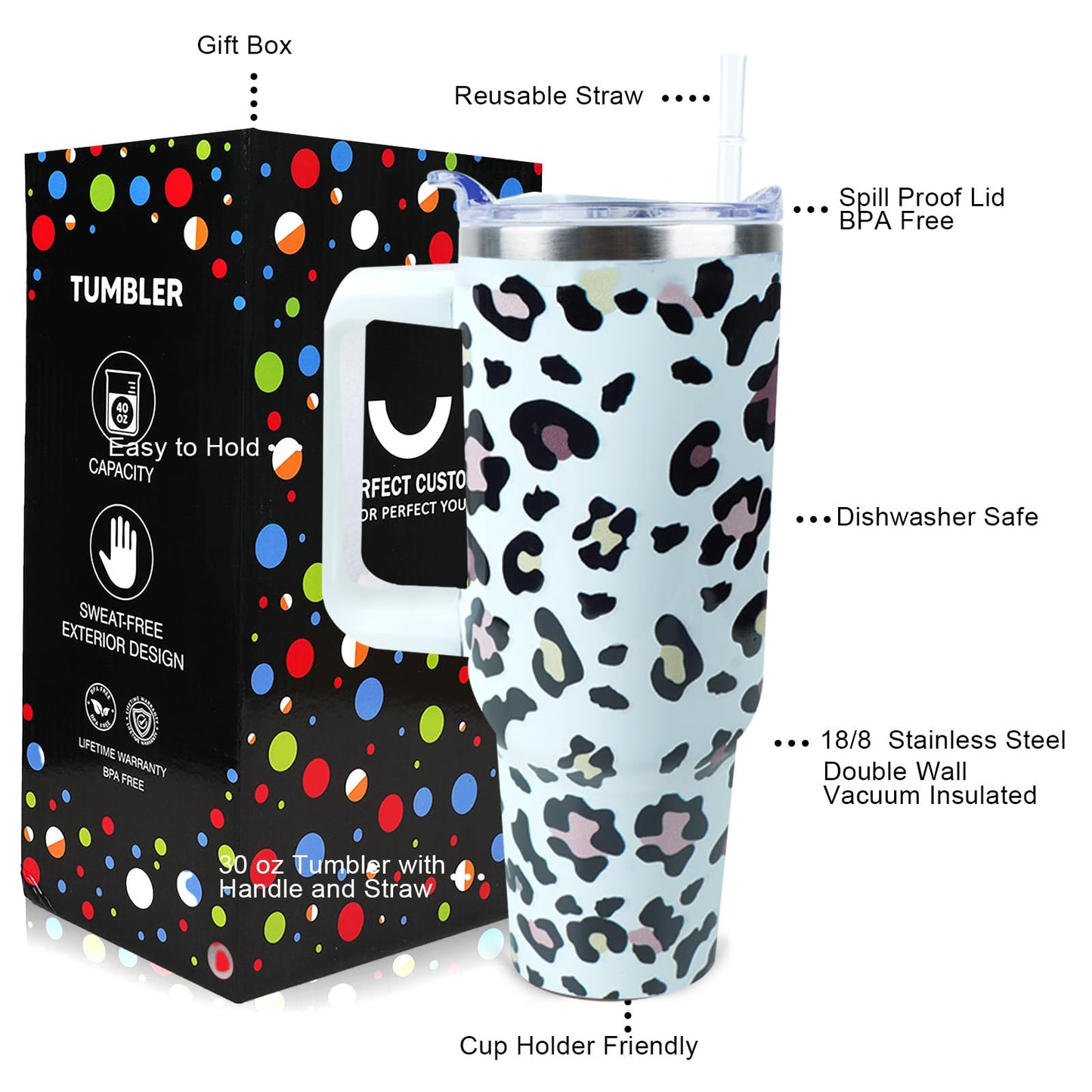 30 oz Leopard Tumbler with Handle and Straw Lid Leak Proof, Coffee Travel Mug with Handle Insulated for Hot and Cold Drink Ice, Mother's Day Birthday Gifts for Women, Leopard Stainless Steel Cups