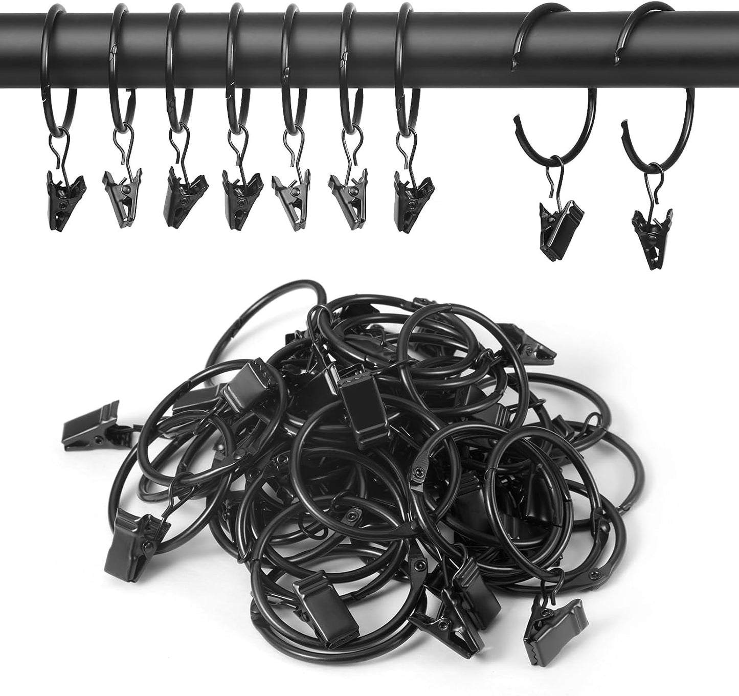 LLPJS Openable Curtain Rings - Durable Clips for Easy Drapery | 1.26" Interior Diameter, Black, Set of 36