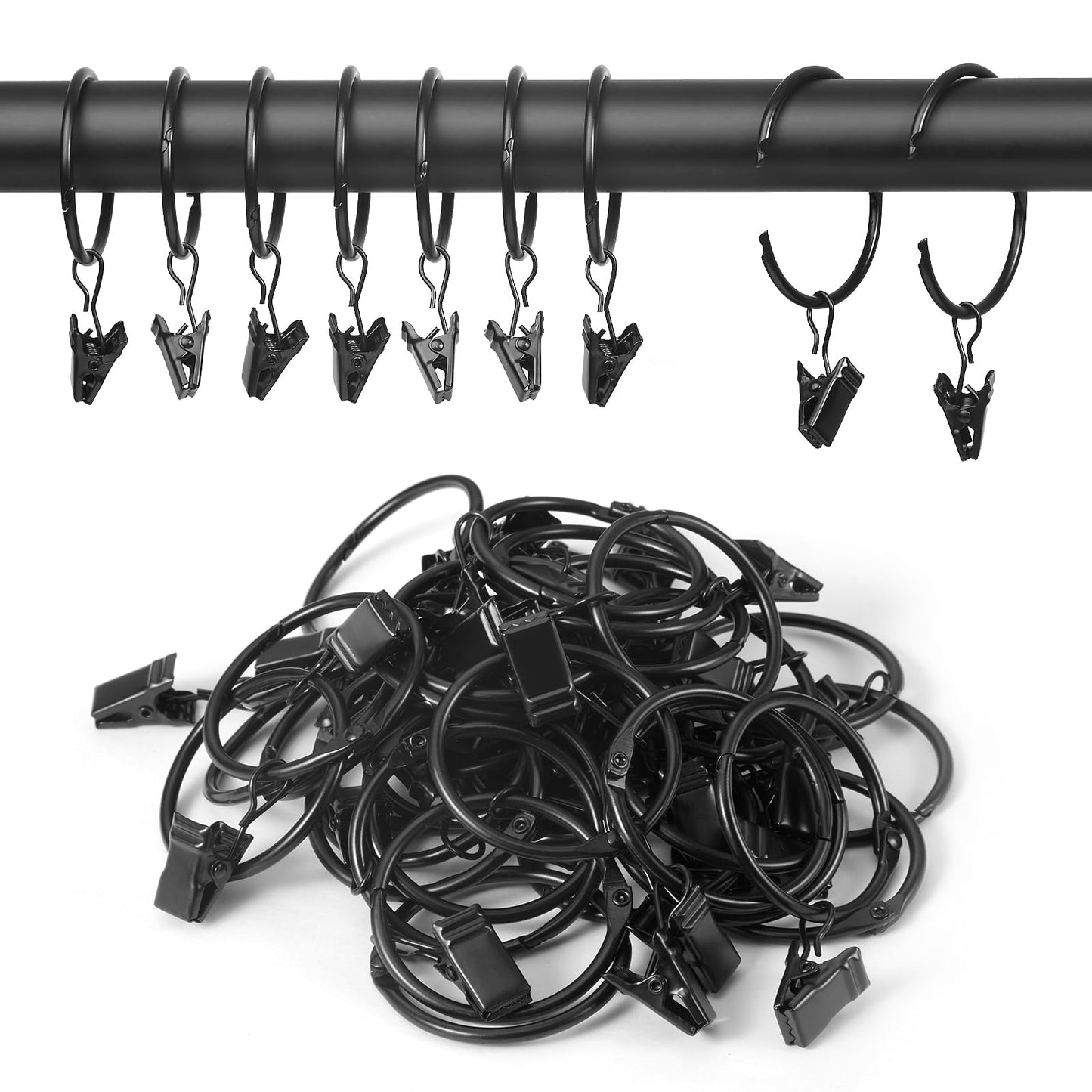 LLPJS Openable Curtain Rings with Clips, Open Drapery Rings with Hooks, Curtain Clips 1.26 inch Interior Diameter, Fit up to 1" Curtain Rod (Black, 1.26" I D Set of 36)