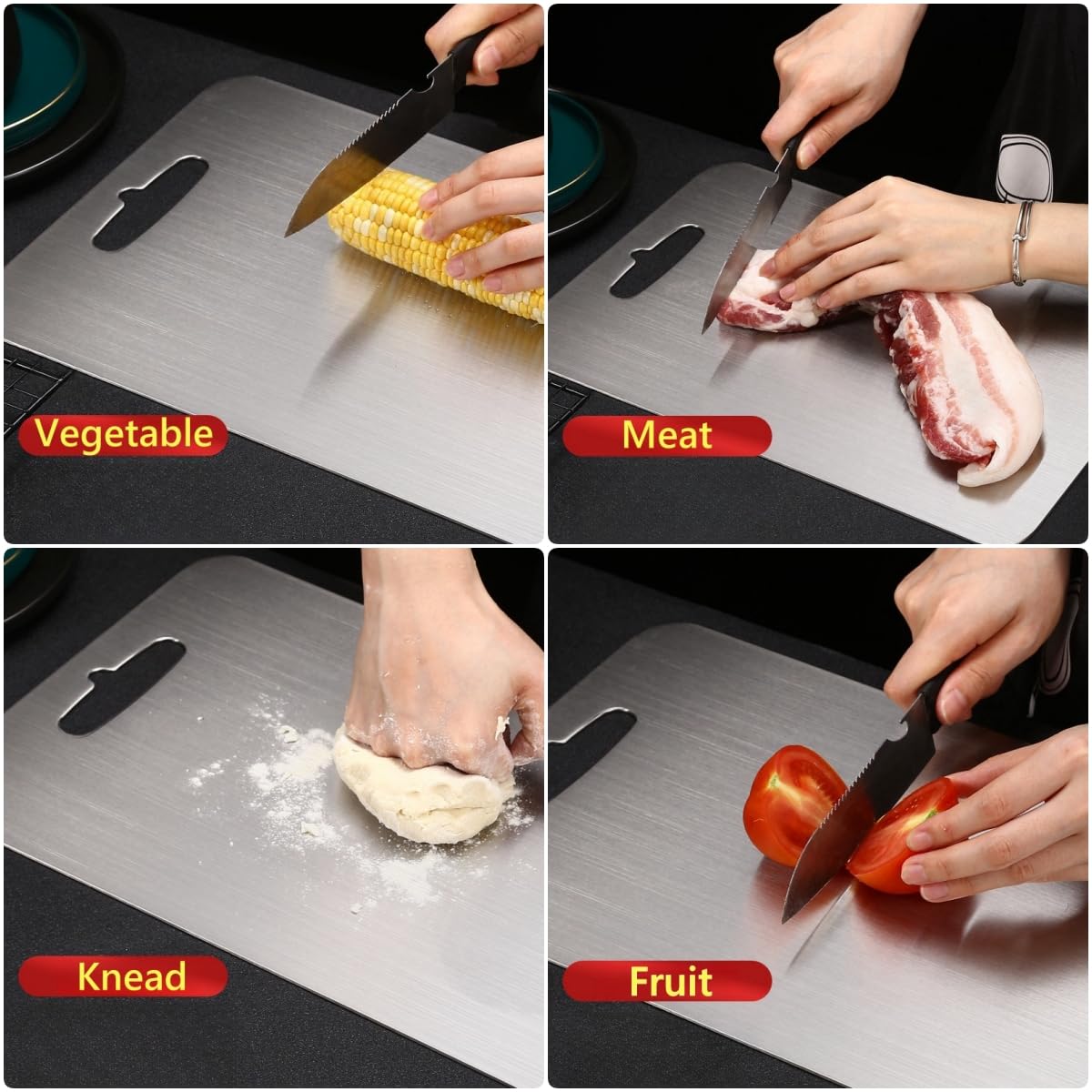 QinSuiKai Large Stainless Steel Cutting Boards, 14" x 9.8" Thickened Steel Chopping Boards for Kitchen With Clear Scale for Rolling, Meat, Fruit, Vegetables,Non Toxic and Dishwasher Safe (35x25cm)