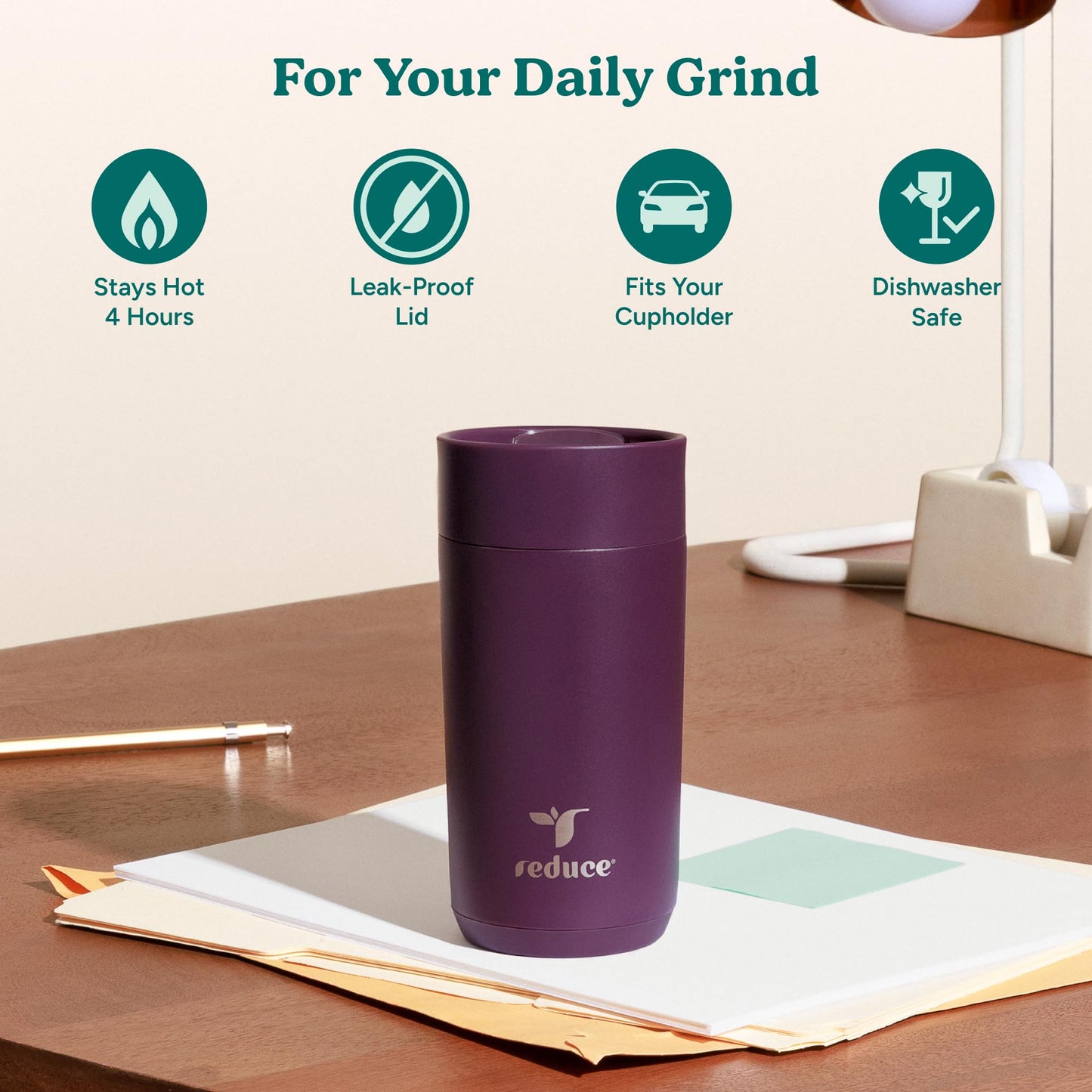 REDUCE Perk 10oz Insulated Coffee Tumbler – Leak-Proof with Lockable Lid and Vacuum Insulation–Durable Stainless Steel–Fits Car Cup Holders–One-Handed Travel Mug in Sand Leopard Print - Midnight Plum