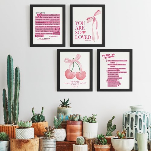 DSHFG Cute Preppy Pink Bow Bible Verses Wall Art - Set of 4 Christian Prints for Teen Girls' Rooms | 8x10 Unframed