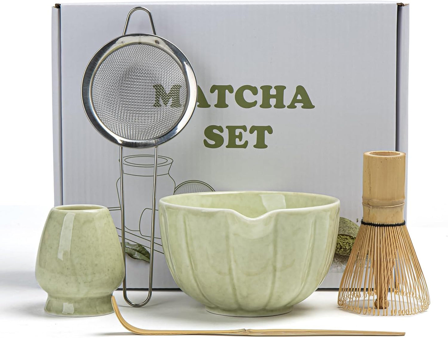 Skiennix Matcha Whisk Set - Complete 5-Piece Kit with Ceramic Bowl, Bamboo Whisk, and Sifter | Mottled Green