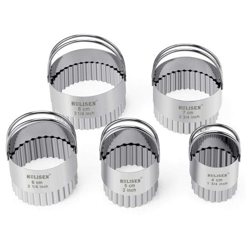 HULISEN Biscuit Cutter Set (5 Pieces/Set), Stainless Steel Round Biscuit Cutters with Handle, Wave Cookies Cutter with Fluted Edge, Professional Baking Dough Tools, Gift Package (Wave)