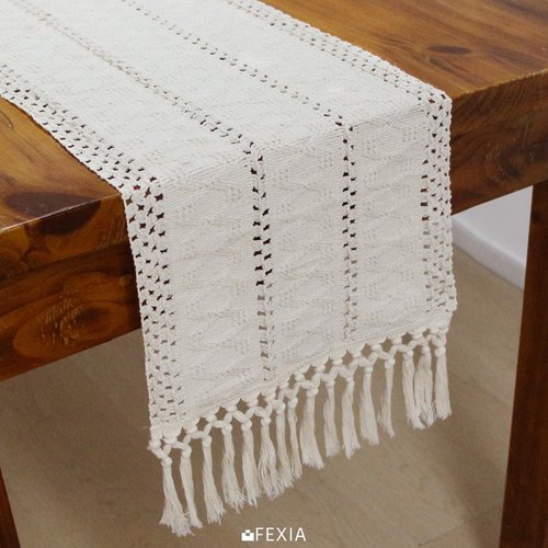 FEXIA Boho Macrame Table Runner with Tassels 36 Inches Long Cream for Farmhouse Home Decor Bohemian Dining Bedroom Decor Rustic Bridal Shower (12x36 Inches)