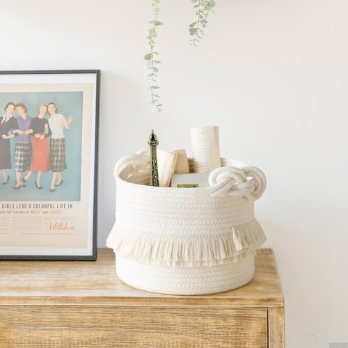 CherryNow Woven Storage Baskets - 9.5'' x 7'' Cotton Rope Hamper for Diapers, Blankets & More | Off-White with Cute Tassel