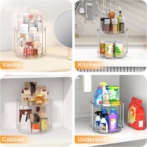 360 Rotating Makeup Organizer - 2-Tier Clear Lazy Susan Turntable for Vanity & Bathroom Storage