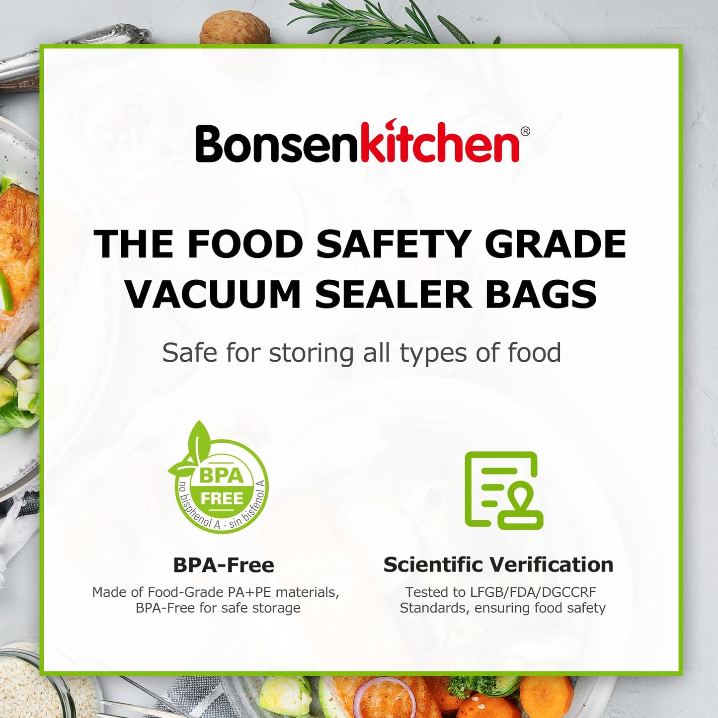 Bonsenkitchen Vacuum Sealer Rolls Bags, 6 Pack 3 Rolls 11" x 20' + 3 Rolls 8" x 20' Commercial Grade BPA Free Bag Rolls, Durable Customized Size Food Vac Bags for Storage and Sous Vide Cooking VB3211