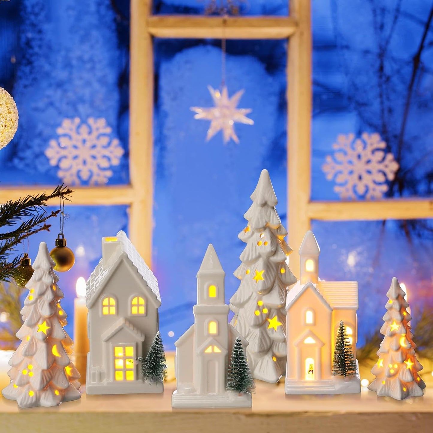 Nuogo Light Up Ceramic Christmas Trees Set - 6 Pcs White LED Decor with Glitter Snow for Holiday Tables