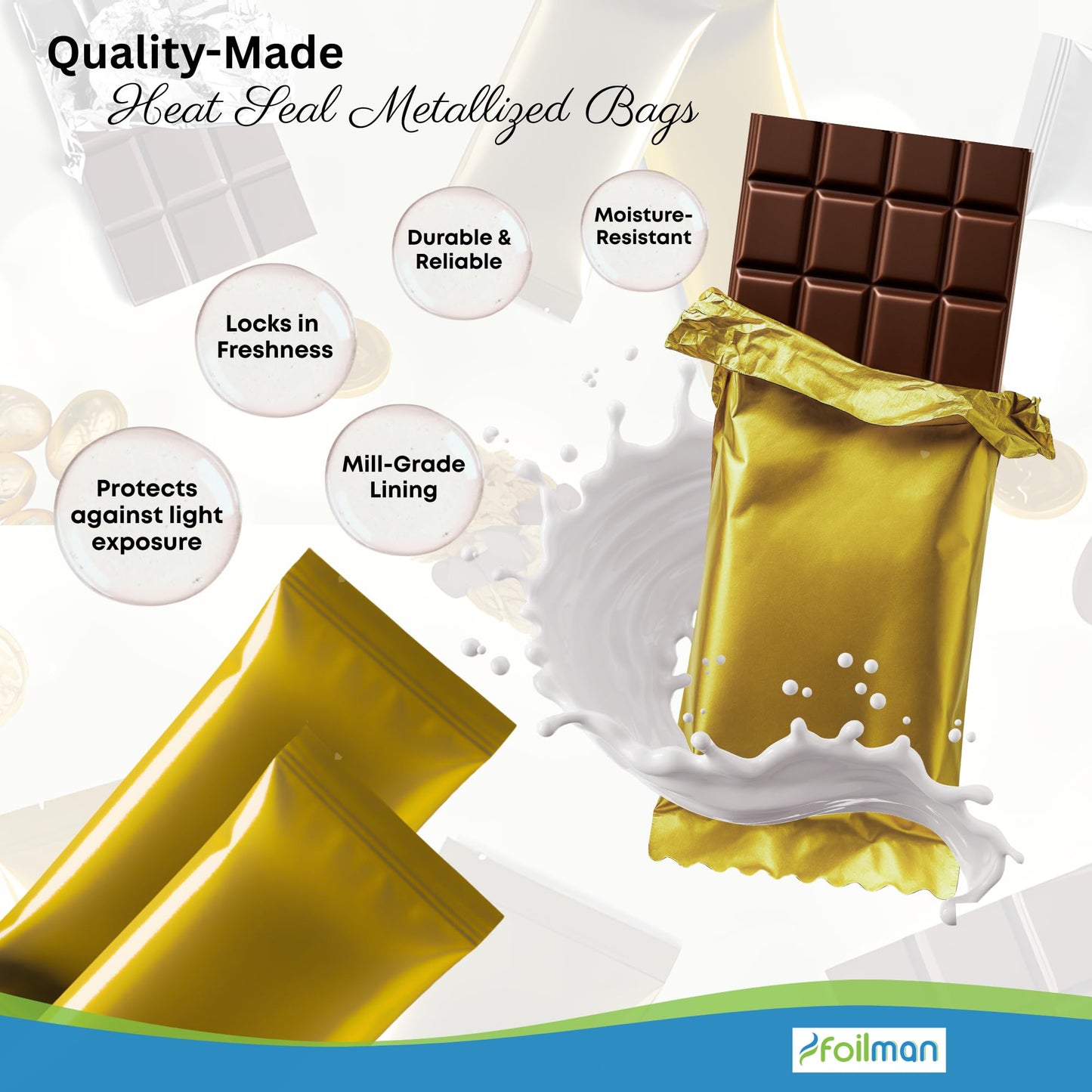 Foilman - Heat Seal Bags (Metallized) For Chocolate Bar Wrapping - Actual bags size 3 x 6 3/8 - Fits Bar Size 2.25 x 5.5 Inches (100 Pack) (Dark Gold)