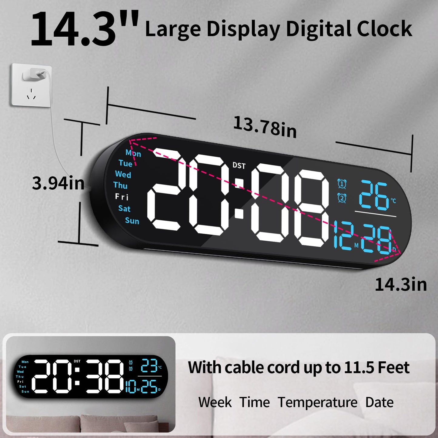 oviouit 14.3" Digital Wall Clock with Remote Control, Large Display, LED Clock for Living Room, Bedroom, Auto-Dimming, 9 Color Night Light, Auto DST, Date, Week, Temperature (Rounded Rectangle-Blue)