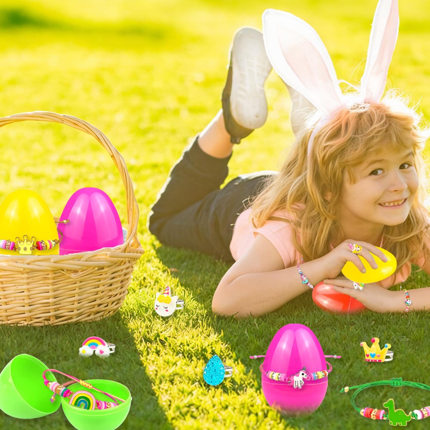 Easter Basket Stuffers for Girls Kids Prefilled Girls Easter Eggs Filled 6 Pack Eggs with Colorful Bracelet and Ring Inside Plastic Easter Eggs Stuffers Easter Toys for Kids Toddler Easter Gifts