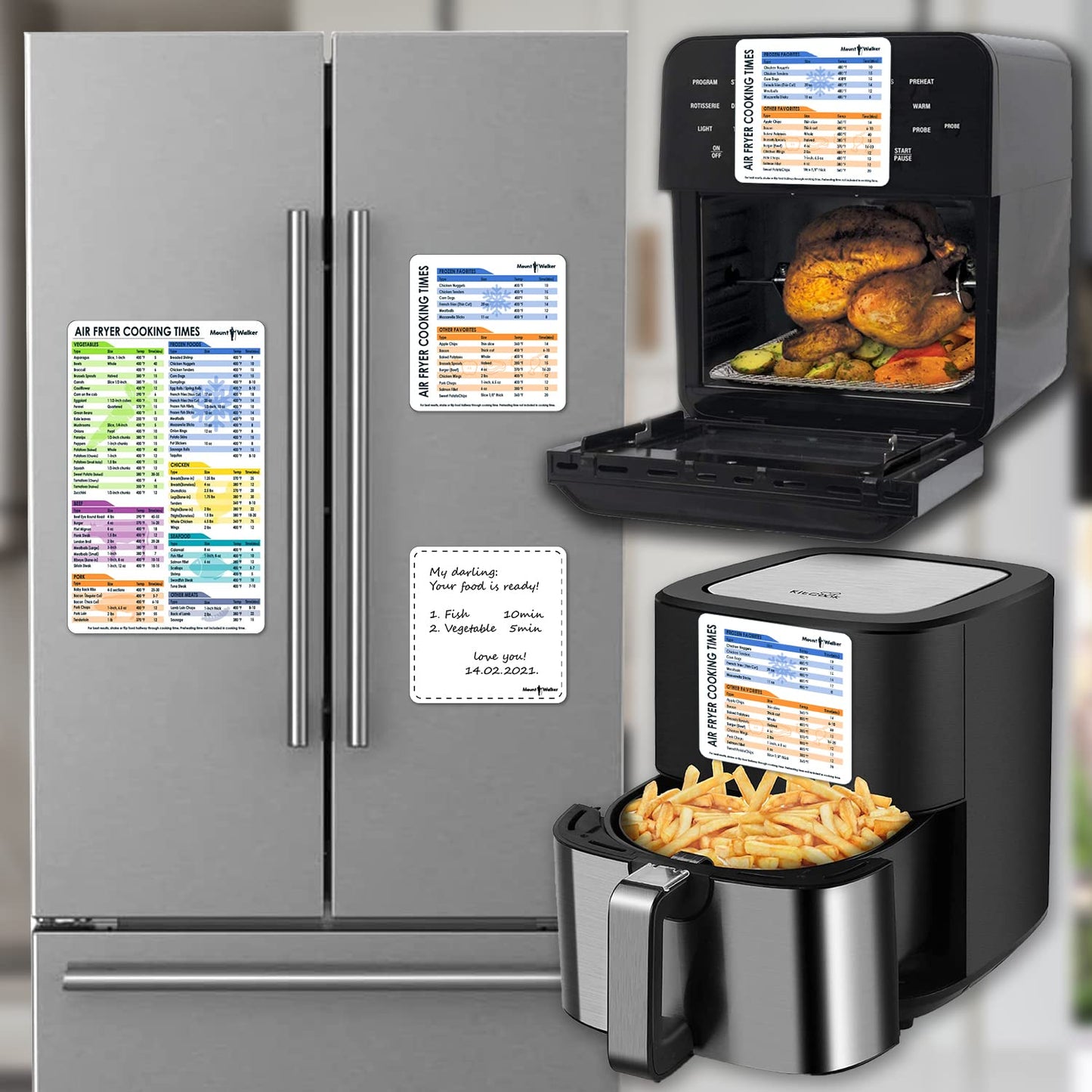 Air Fryer Magnetic Cheat Sheet Set - 100+ Food Cooking Times Chart with Large Clear Font - Air Fryer Accessories Magnetic Sheet for Ninja, Cosori, Instant Vortex - Waterproof & Durable (3-Piece)