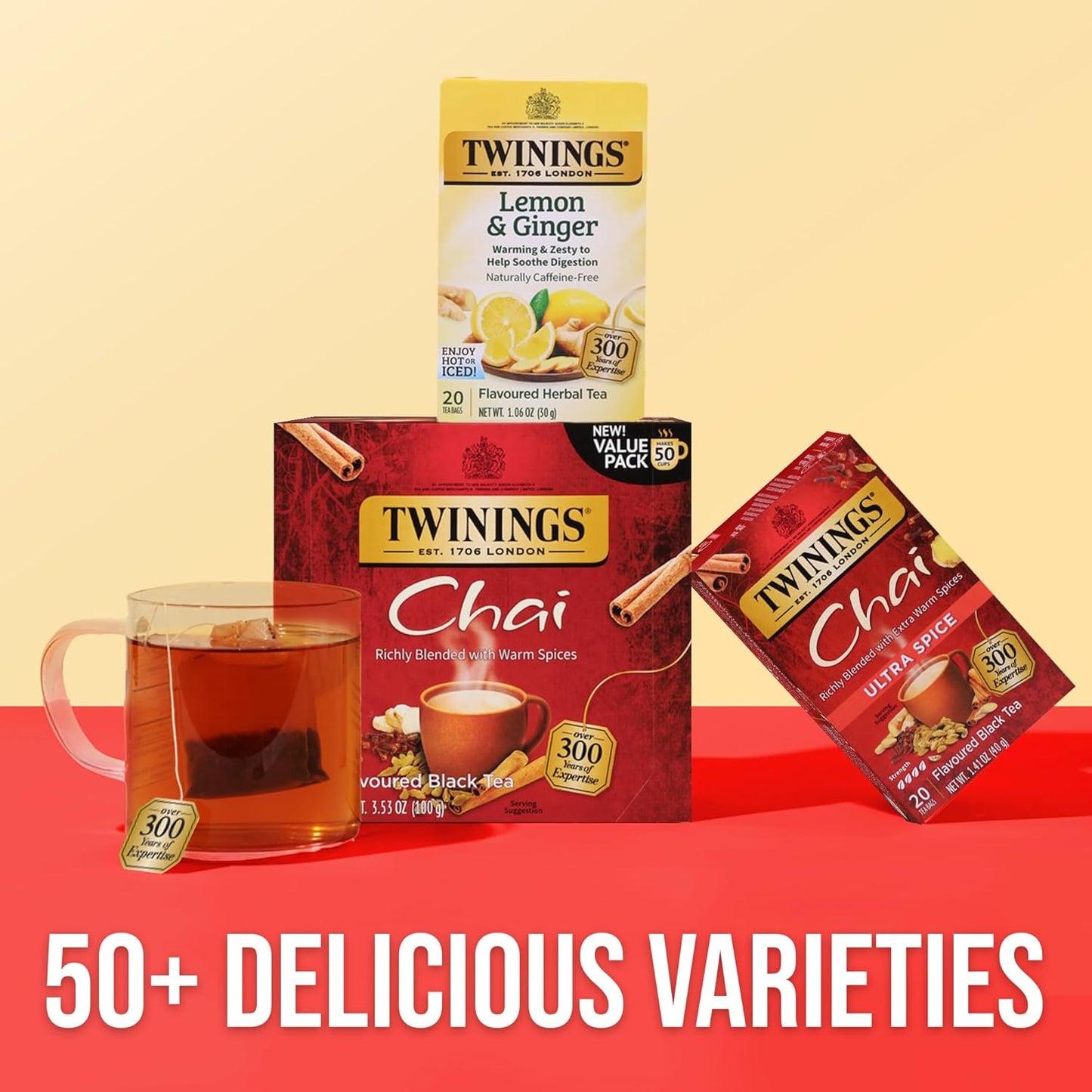 Twinings Chai Black Tea - Individually Wrapped Bags, 50 Count | Sweet & Savory Spices, Caffeinated