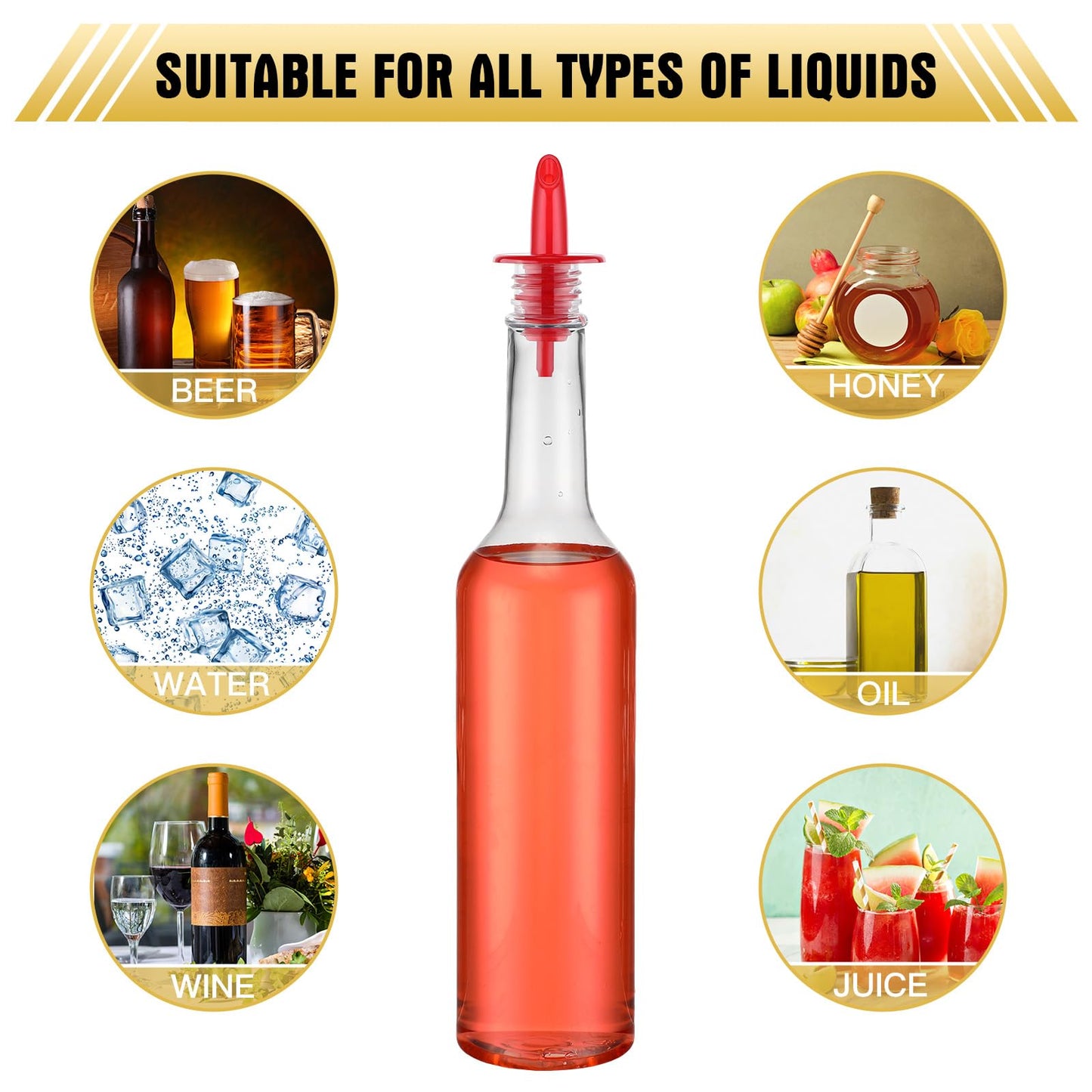 Tioncy 10 Sets 15oz Plastic Liquor Bottles with Pourers Sets 10 Plastic Long Neck Syrup Bottles with Pourer and Caps Reusable Leakproof for Home Party Bar(Red)