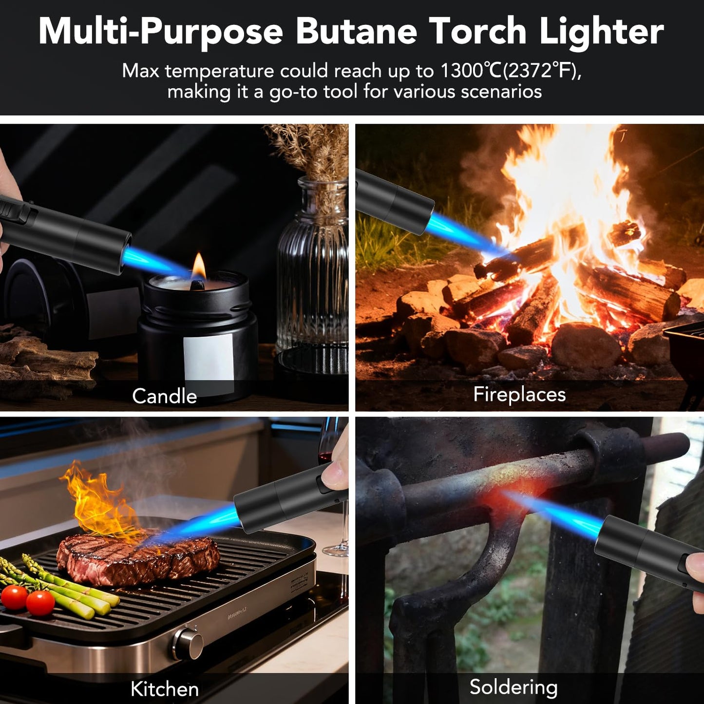 TBTeek 2 Pack Torch Lighters, Refillable Butane Lighter with Safety Lock & Continuous Flame, Visible Fuel Window, Adjuatable Jet Flame Lighter for Candle, BBQ, Fireplaces, Black(Butane Not Included)