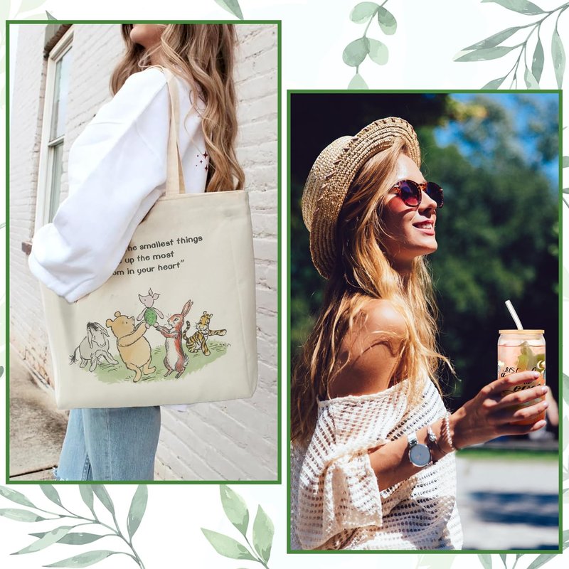 MRYAWXBK Pooh Bear Gifts for Women Friends, Pooh Bear Inspirational Canvas Tote Bag 16oz Iced Glass Cup Friendship Gift Set Gifts for Best Friends