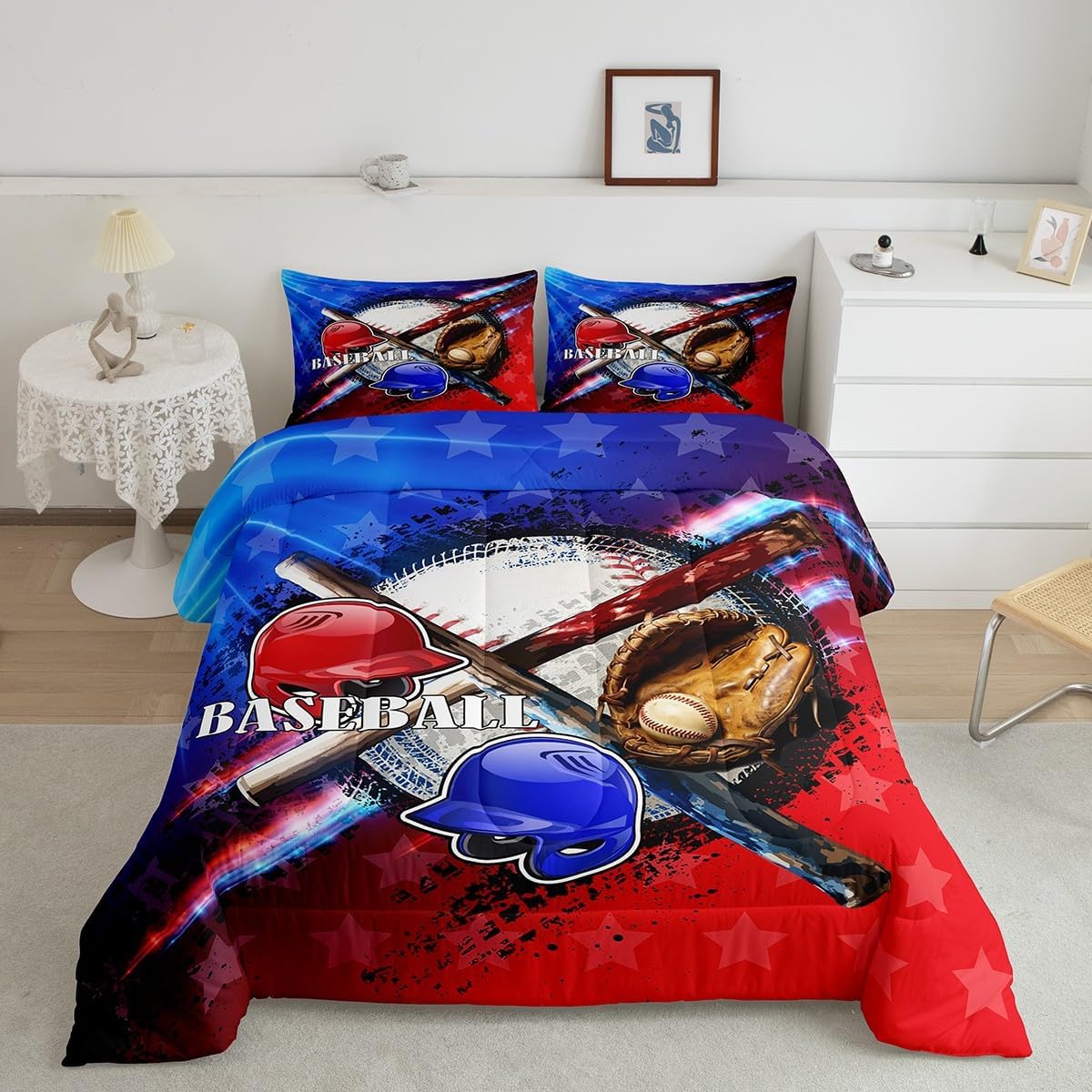 jejeloiu Baseball Comforter Set Twin Size Kids Camo American Flag Comforter for Boys Girls Teens Camouflage Bedding Set Breathable Baseball Games Duvet Set Room Decor Quilt Set