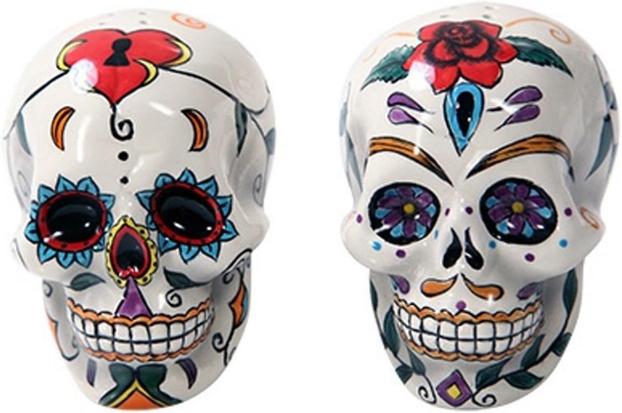 Day of the Dead Skulls Salt and Pepper Shakers - Colorful Home Decor Figurine, 5x2