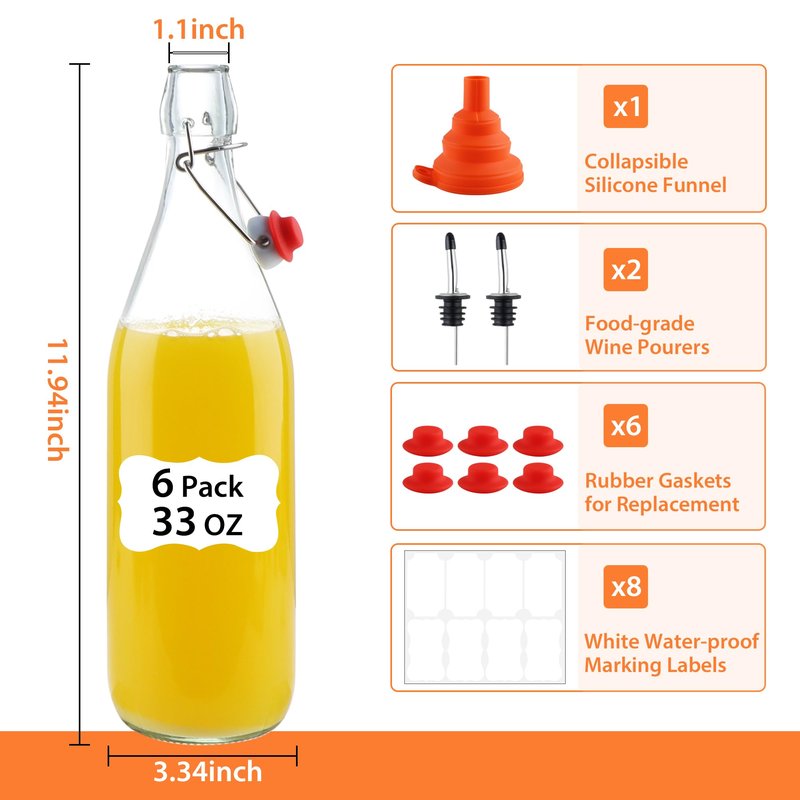 UrSpeedtekLive 6 Pack 1 Liter Swing Top Glass Bottles, 33oz Flip Top Brewing Bottles with Airtight Stopper for Vanilla Extract, Kombucha, Beer, Kefir, Mead