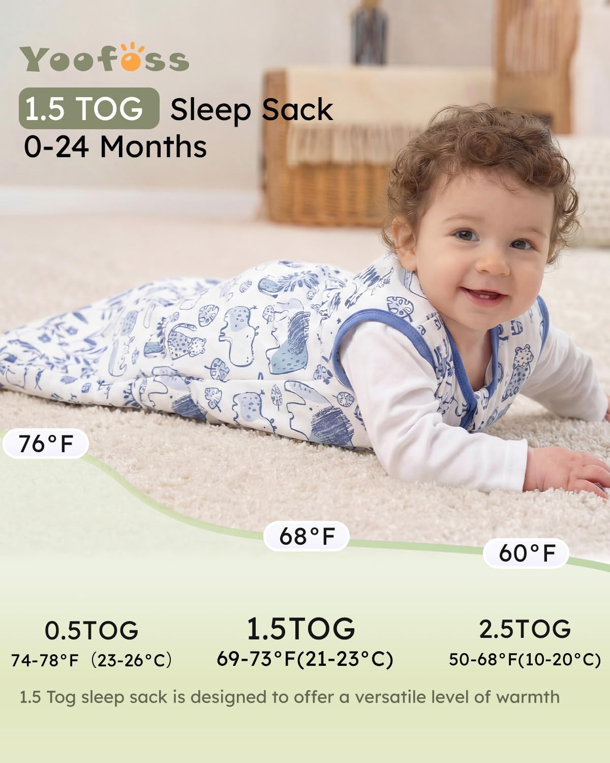 Yoofoss Baby Sleep Sack - 1.5 Tog Wearable Blanket for 12-18 Months | Soft Organic Cotton, 2-Way Zipper