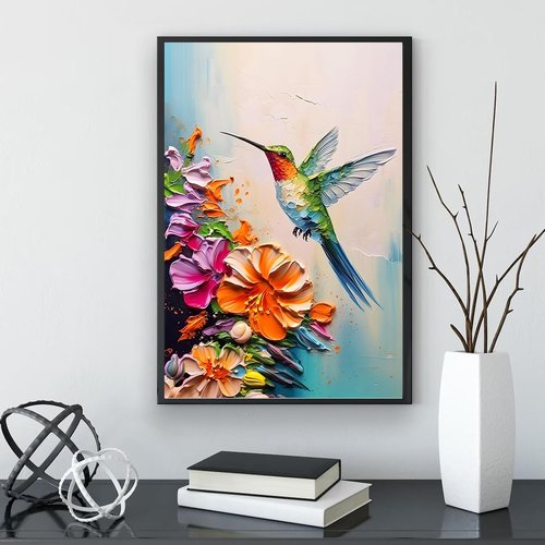 **Regine Switzerland Hummingbird Wall Art - Colorful Spring Flowers Canvas Print | 16x24 in Stretched Frame**
