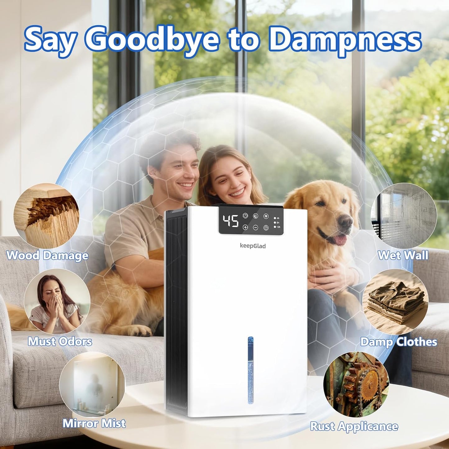 KeepGlad Dehumidifier - 98oz Humidity Control for Home | Auto Shut Off, Washable Filter, 1000 sq.ft, White