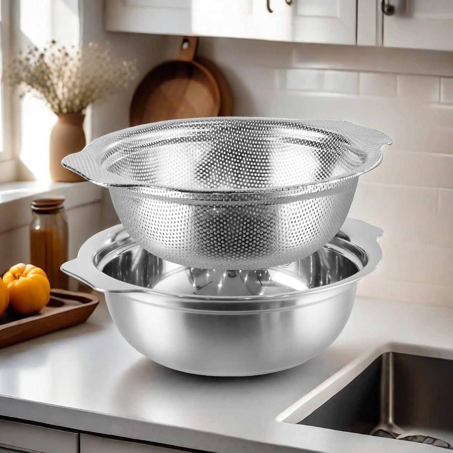Skiennix Stainless Steel Colander Set - 2.5QT Rice Washer & Strainer with Mixing Bowl | Dishwasher Safe