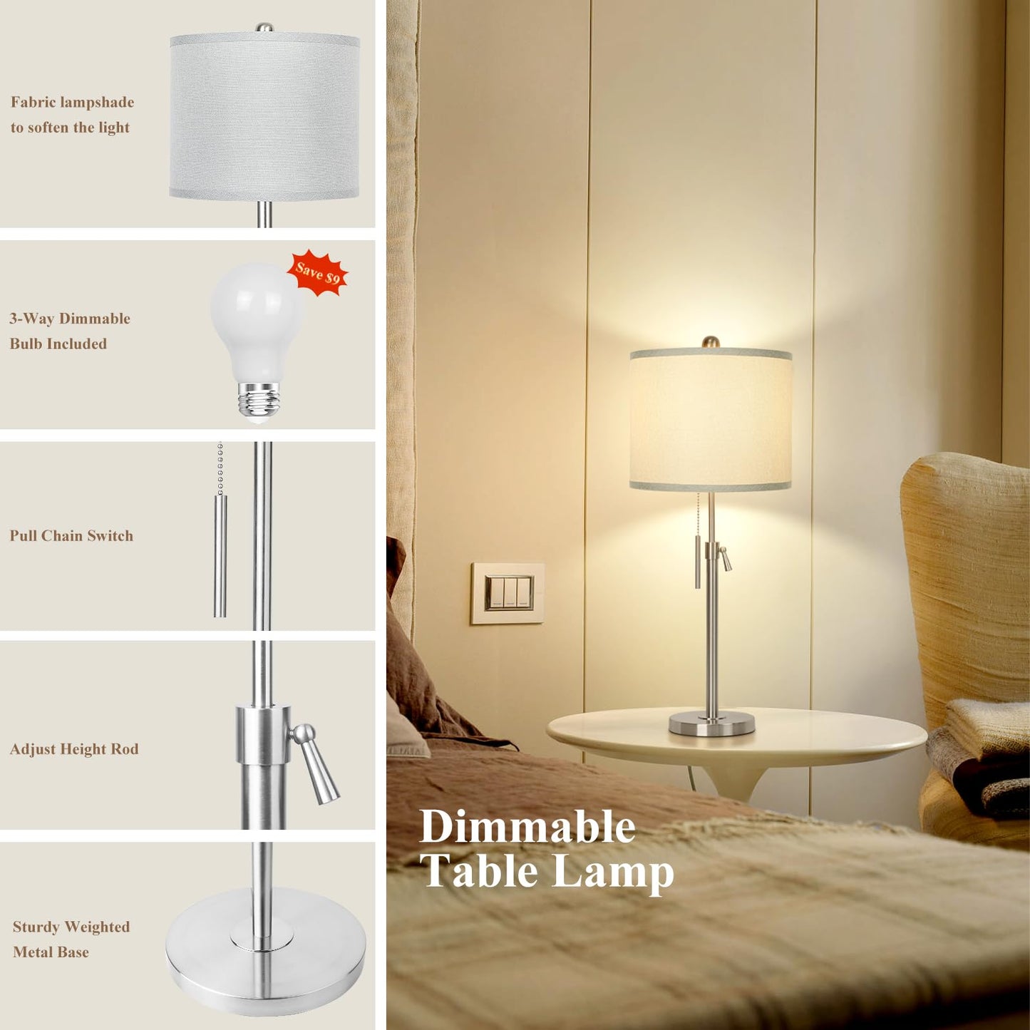 Brushed Nickel Table Lamps Set of 2: 22" to 30" Height Adjustable Nightstand Lamps with Grey Linen Shade Pull Chain Switch Silver Pole Beside Lamp for Living Room Bedroom (Brushed Nickel,Grey Shade)
