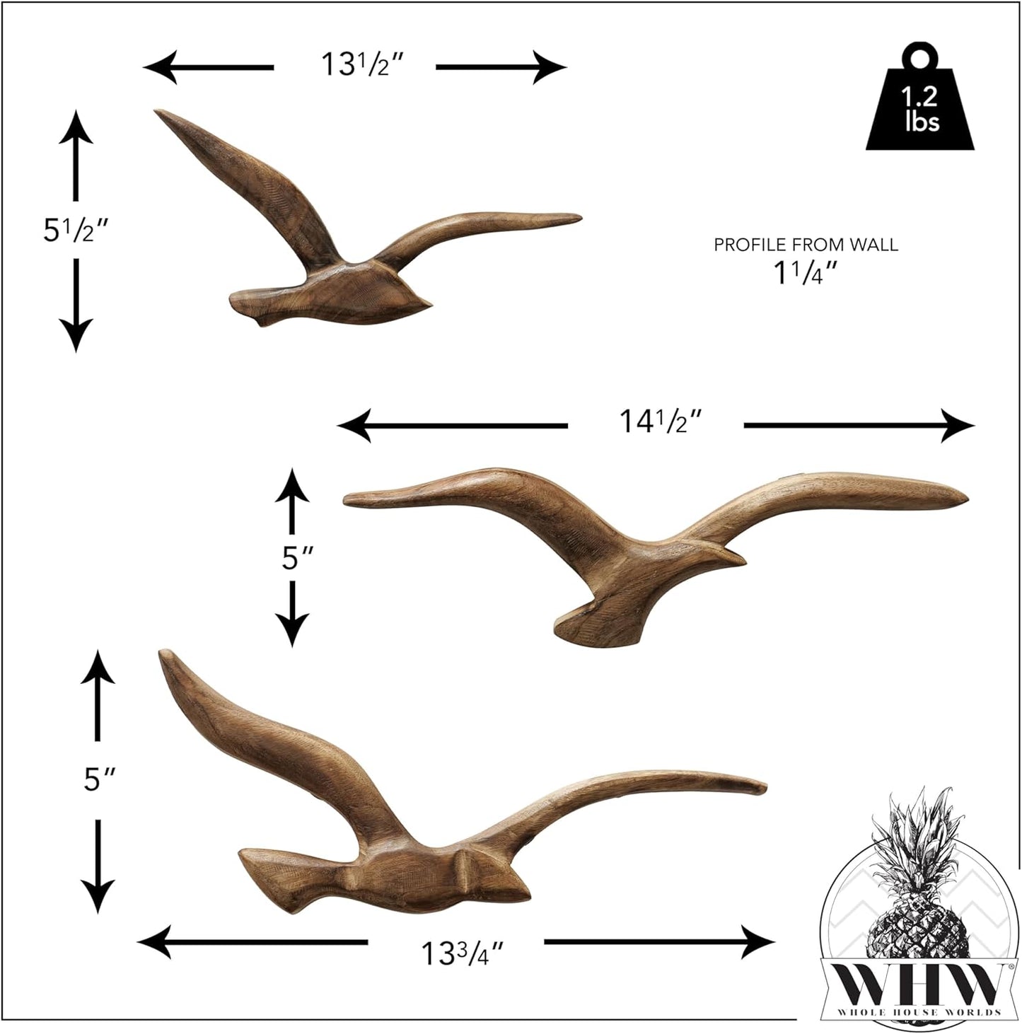 WHW Whole House Worlds MODERNIST HOME Flying Birds Wall Sculptures, Set of 3, Hand Carved, Solid Wood, Over 1 Foot Wide, 14.5 and 13.5 Inches, Abstract Home Decor