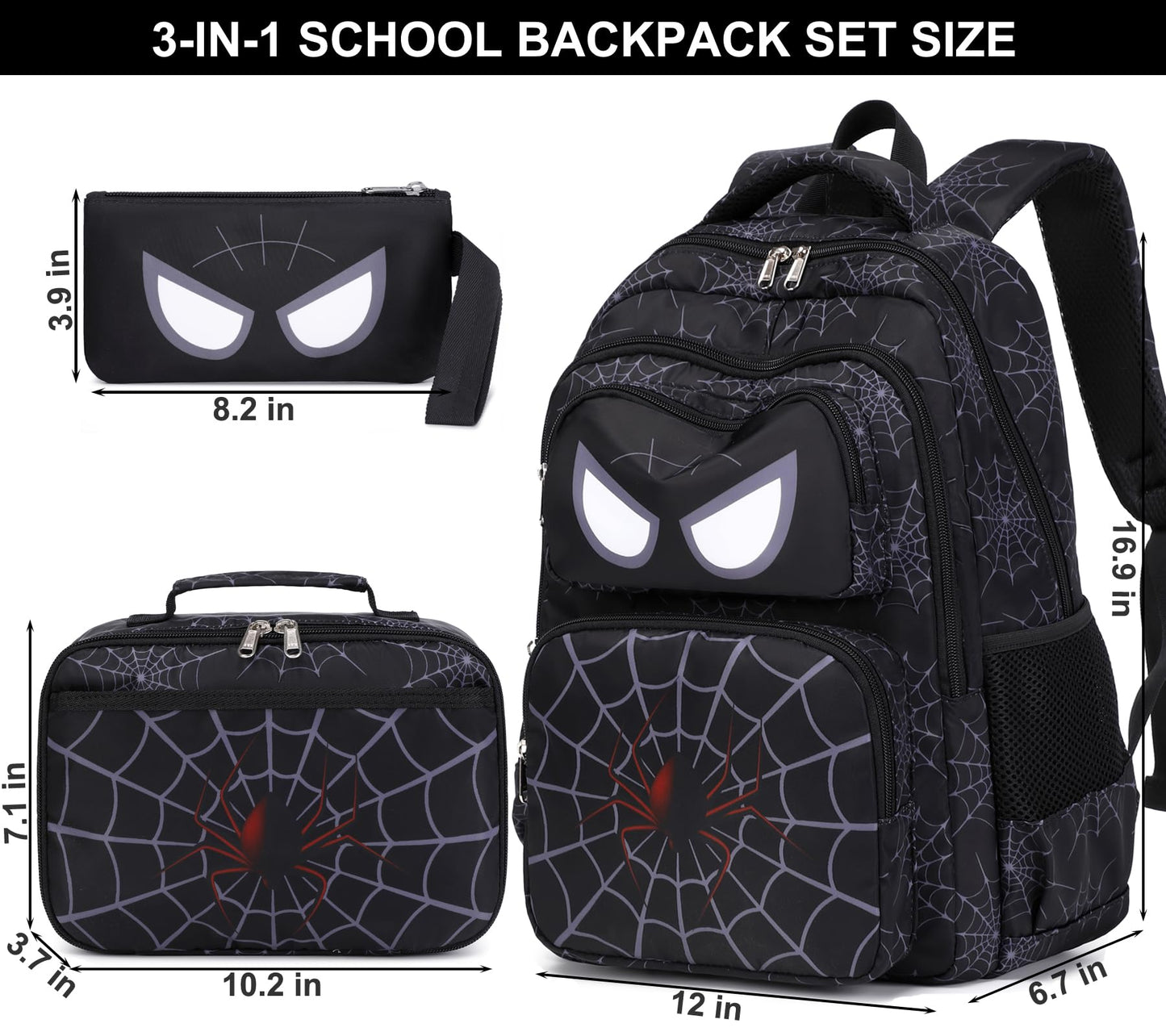 JIANYA Kids Backpack for School Boys, Spider School Bag for Elementary Kids Children 3pcs Boys Backpack with Lunch Box & Pencil Case, Black
