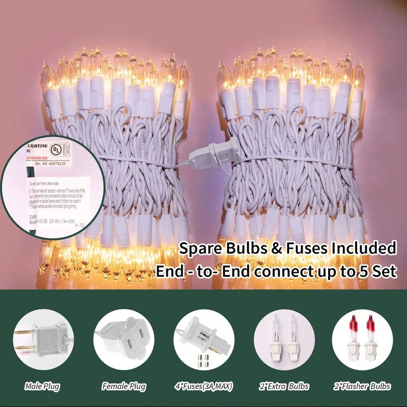 LAMPHOME 100 Count Clear Christmas String Lights, 19.6ft White Wire Fairy Lights, UL Certified Waterproof Indoor & Outdoor String Lights for Xmas Tree, Patio, Wedding, Mother's Day Decor