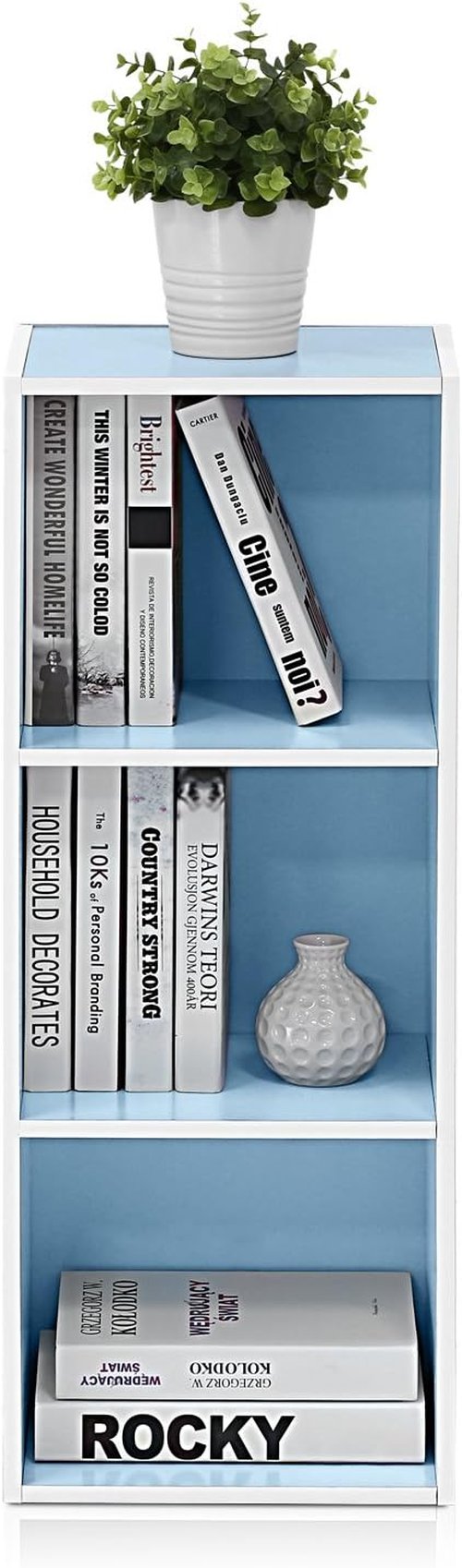 Furinno LUDER 3-Cube Bookshelf - Easy Assembly Bookcase for Living Room & Home Office | White/Light Blue, 9.3 x 12 x 31.5