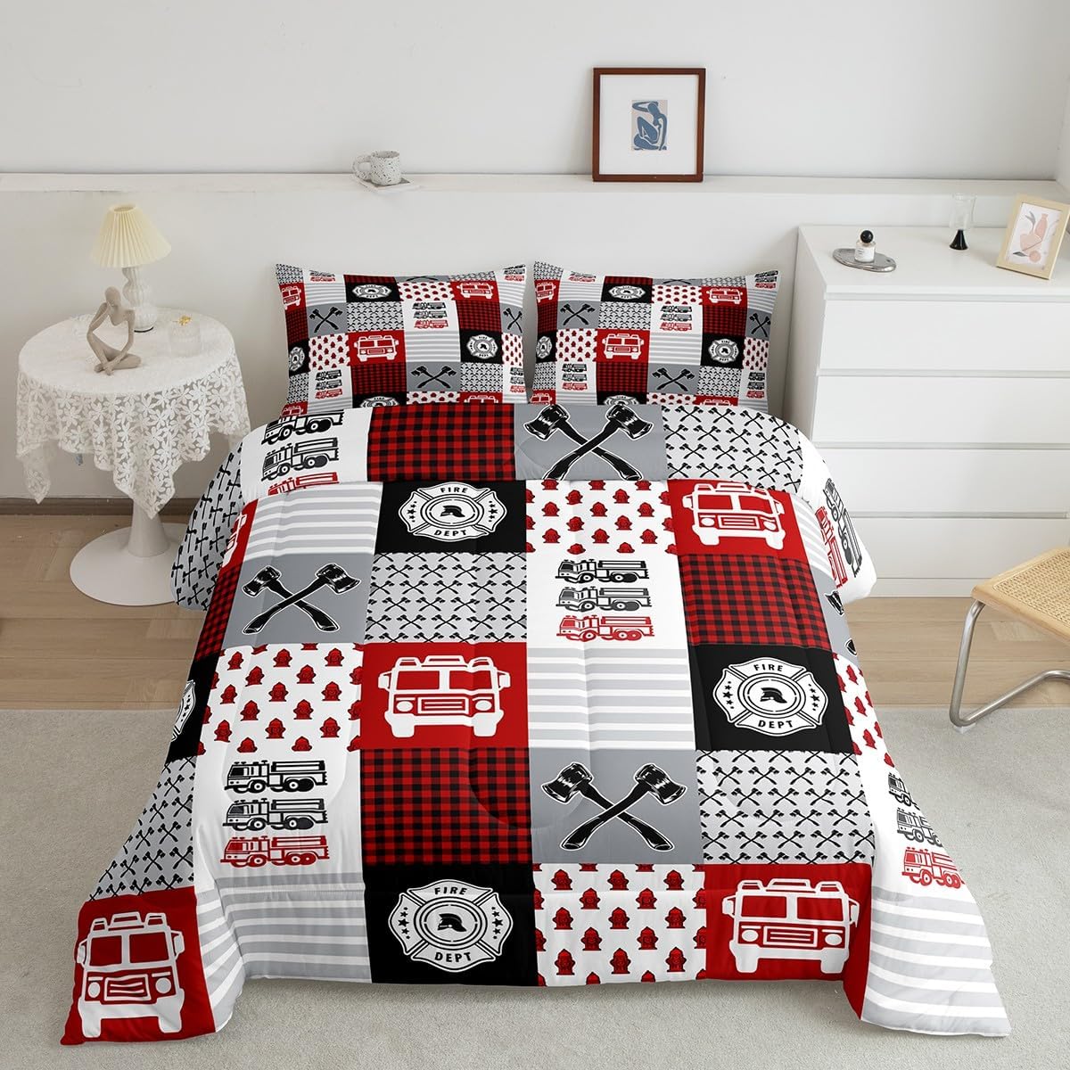 Cartoon Police Car Bedding Set Red Fire Truck Comforter Set for Kids Boys Fire Extinguisher Duvet Set Airplane Comforter 1 Comforter Set with 2 Pillowcases Full Size Boys