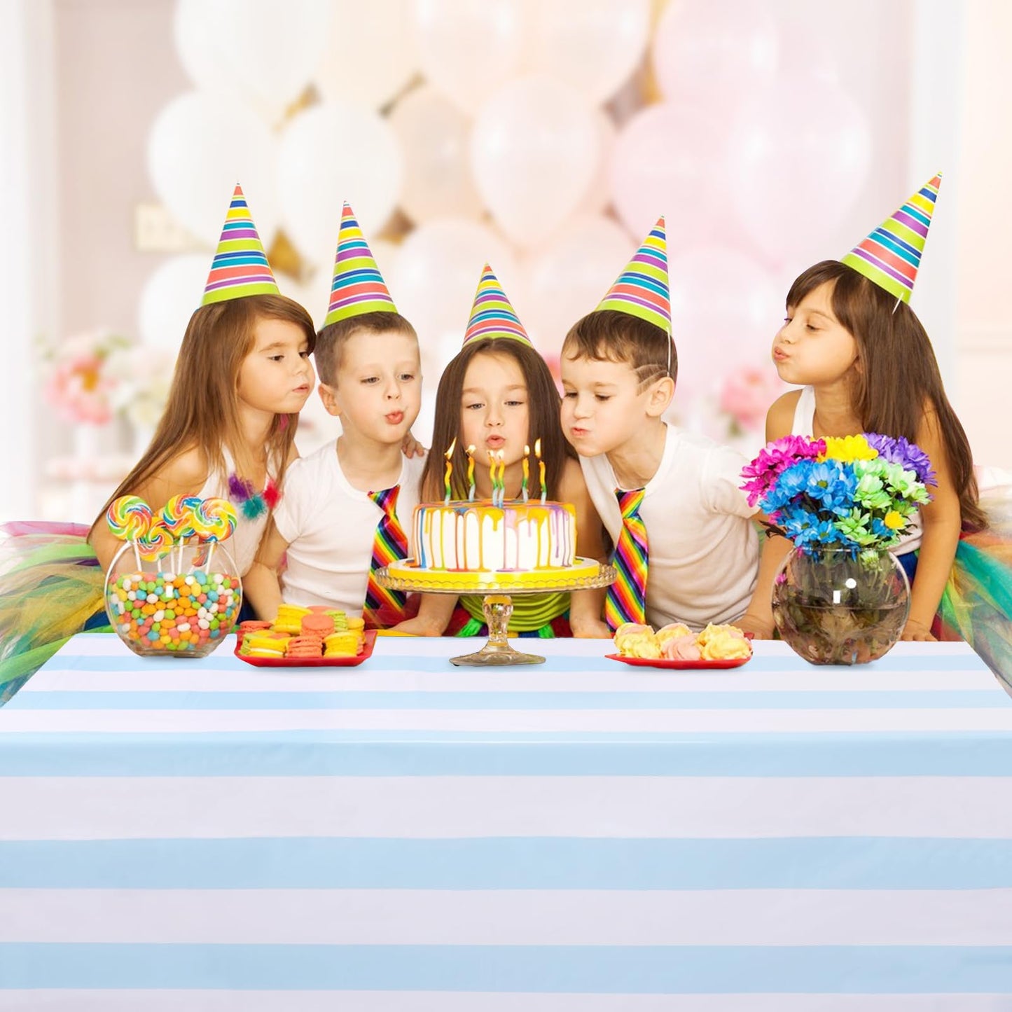Kesfey 3 Packs Light Blue and White Vertical Striped Table Cloth 54 x 108 Inches Bluey Stripe Table Cover Disposable Plastic Beach Tablecloths Waterproof Rectangle Picnic Tablecover for Birthday Party