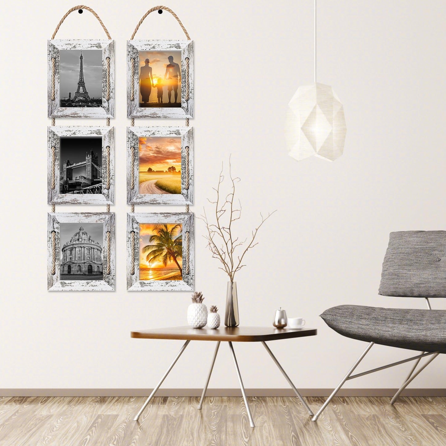 PWTAKO 4x6 Hanging Collage Picture Frames Wall Decor, 3-Opening 4x6 Rustic Wood Frame with Hemp Rope, 2 Pack,White