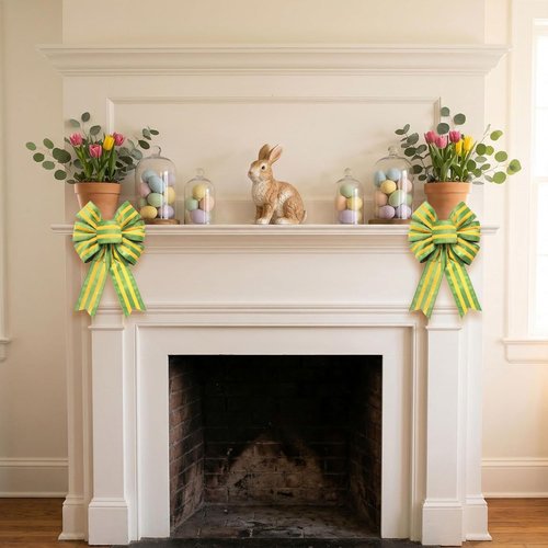 Hying Easter Wreath Bows - 2-Piece Set in Yellow Green Stripes for Farmhouse Decor