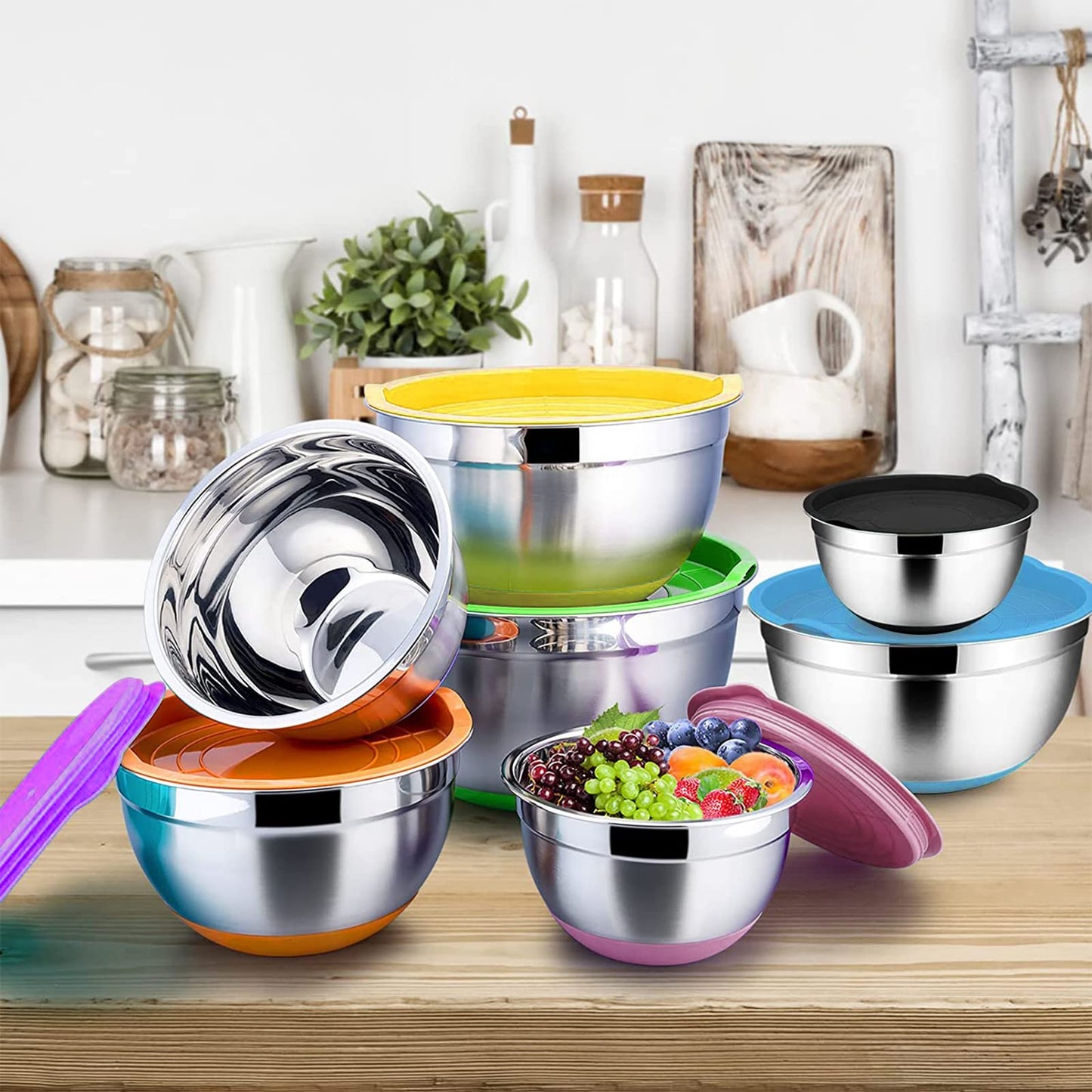 Menbyci 6 Pcs Mixing Bowls with Lids,Stainless Steel Mixing Bowls Utensils with 3 Grater Attachments,Non-Slip Bottoms,Mixing Bowl Set for Kitchen Mixing Baking Prepping Cooking Serving,Colorful