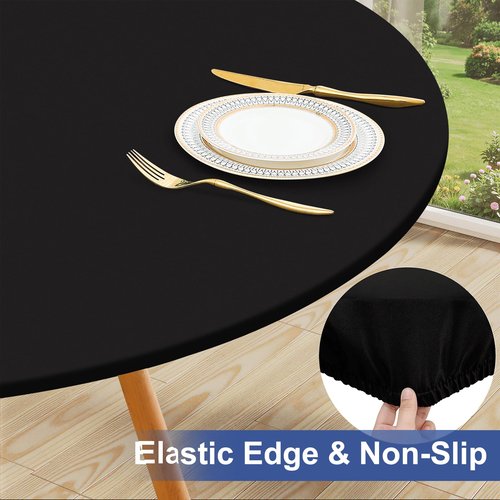 homing Round Elastic Fitted Tablecloth, Water-Resistant Fabric Tablecloths for 45"-56" Tables, Washable Polyester Table Cover for Picnic, Caming, Dinner, Indoor & Outdoor, Black