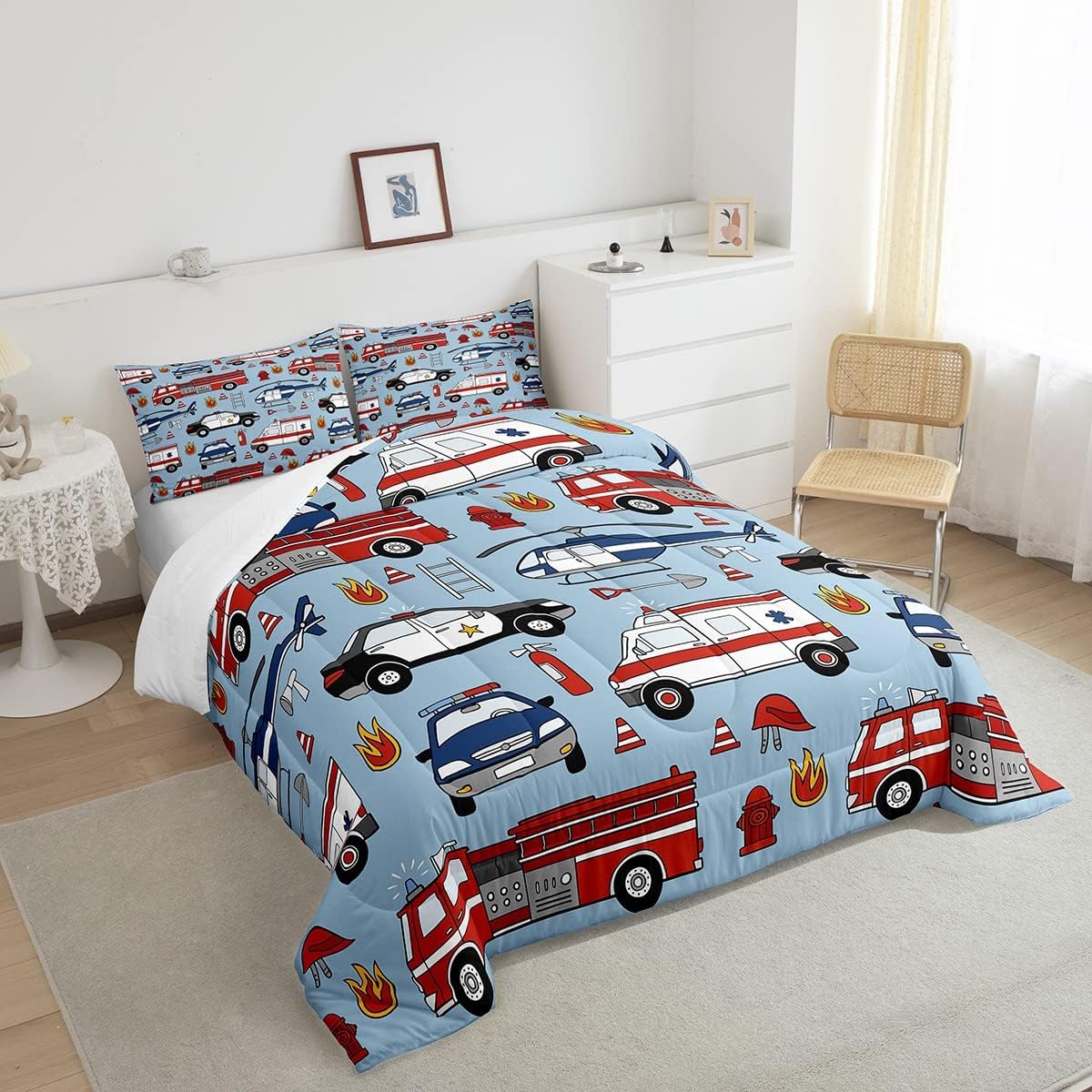 Cartoon Police Car Bedding Set Red Fire Truck Comforter Set for Kids Boys Fire Extinguisher Duvet Set Airplane Comforter 1 Comforter Set with 2 Pillowcases Full Size Boys