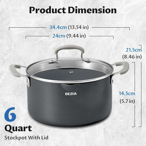 BEZIA Nonstick Stock Pot - 6 Quart PFAS-Free Ceramic Soup Pot with Strainer Lid | Induction Compatible, Dishwasher Safe