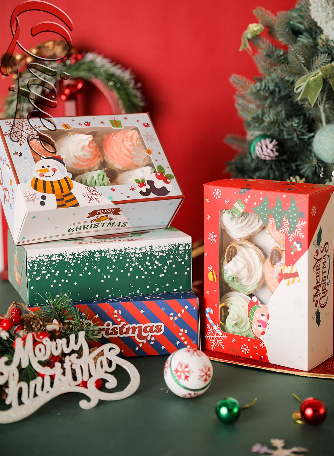 qiqee Christmas 6 Cupcake Boxes with Window 30 Packs Cupcake Box 9.4x6.1x3 inch Bakery Boxes For Cupcakes Carrier, Cupcake Containers