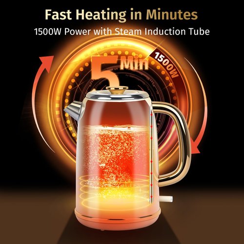 INFOOD Retro Electric Kettle 1.7L/57oz with Thermometer - 1500W Fast Boiling Stainless Steel Hot Water Tea Kettle, BPA-Free, Cordless, Auto Shut-Off, Boil-Dry Protection, White