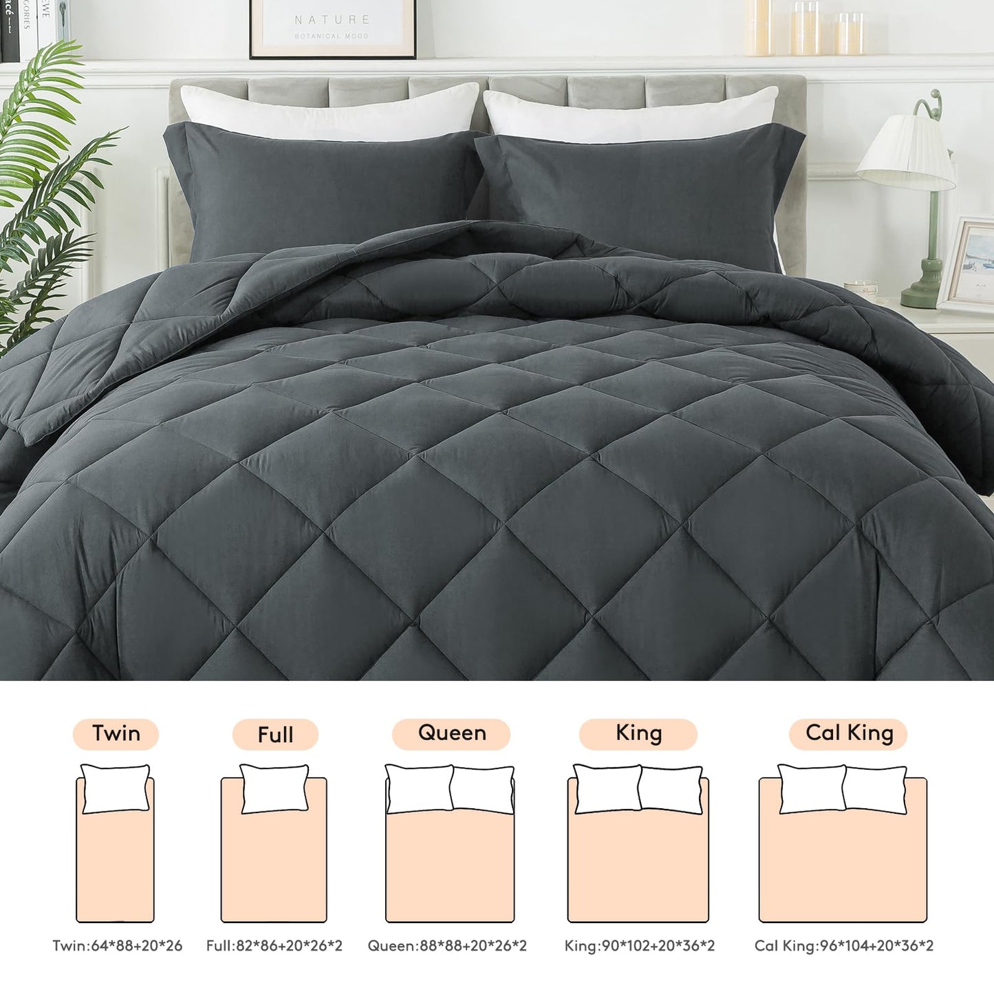 HYLEORY California King Size Comforter Set with 2 Pillow Shams - Down Alternative Bed Comforters Bedding Sets for All Season - Lightweight - Machine Washable - Dark Grey