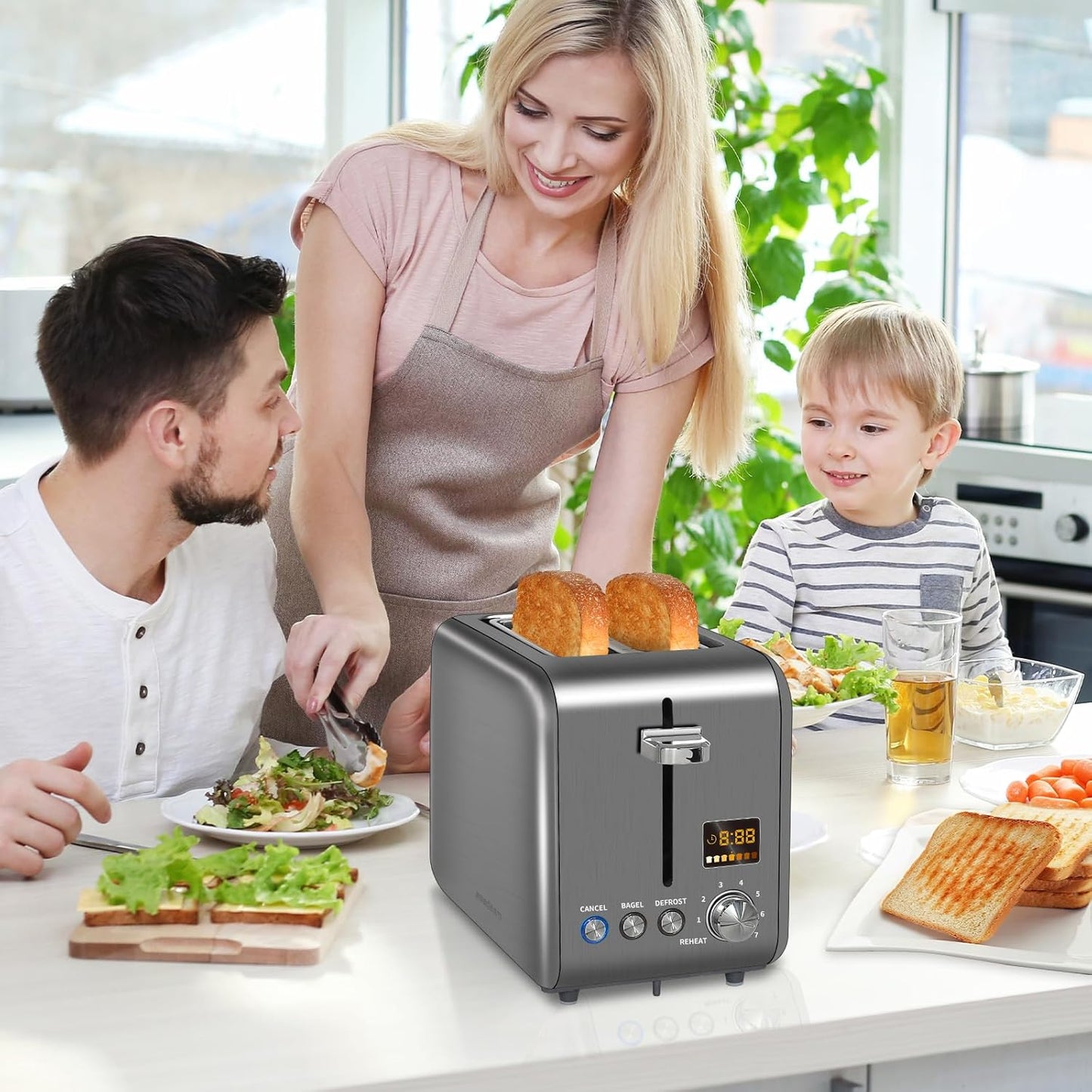 SEEDEEM 2-Slice Stainless Steel Toaster - LCD Display, 7 Shade Settings, 1.4'' Wide Slots, Bagel & Defrost Functions