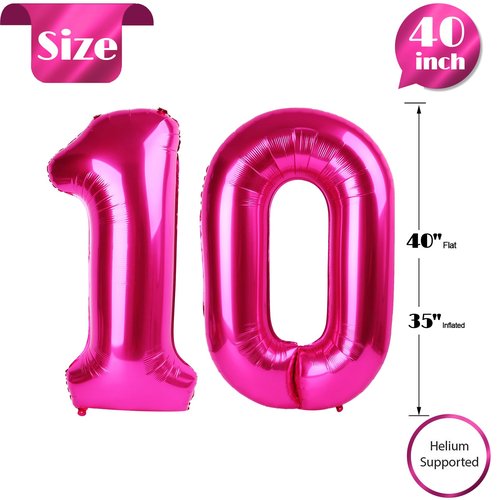 Hot Pink Number 10 Balloons 40 inch, 10 Number Balloons, 10th Birthday Decorations for Girls 10 Year Old Hot Pink Party Supplies